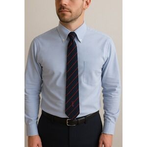 Vtg Yves Saint Laurent Pour Homme Tie Navy Blue Red Striped Logo Made in USA